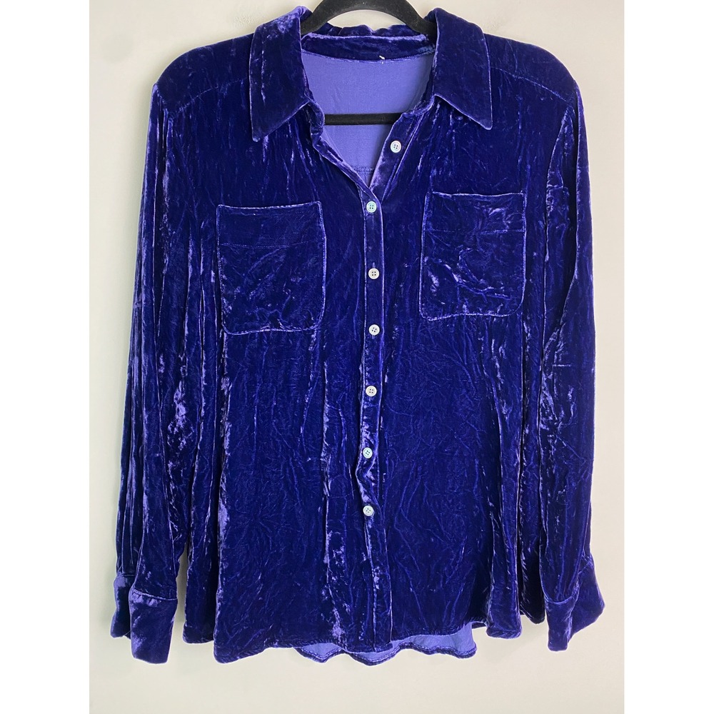 Sundance Womens Velvet Button Up Shirt L Blue Purple Silk Whimsigoth Boho